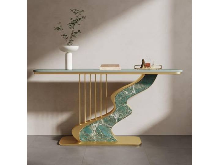 S-Form Design Sinterstein Konsolentisch Metallrahmen für Eingang Wohnzimmer S-Form Sinterstein Metallrahmen Rostschutz Abgerundete Kanten Platzsparend(Gold 5,150cm/59.1in)