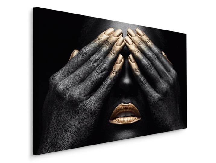 LEINWANDBILD Abstrakt Frau Gesicht goldenes Mund Finger 90/60 cm