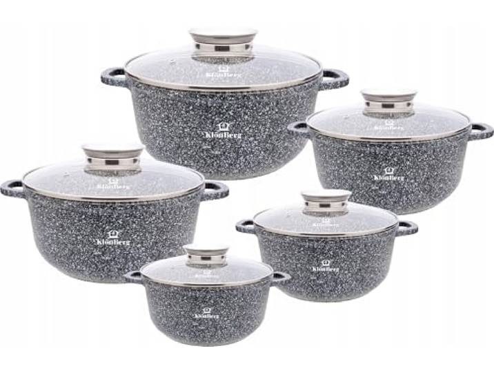 Klönberg Induktions-Topfset, Aluguss-Topf mit Antihaftbeschichtung, Topfset mit Glasdeckel für alle Herdarten, auch Induktionsherde (Grau, 10 tlg.)