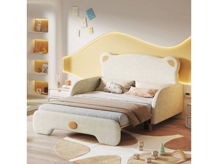 Lit Gigogne Enfant Ours 140x105/200 cm avec Bords de Protection et Sommier à Lattes - Velours - Beige