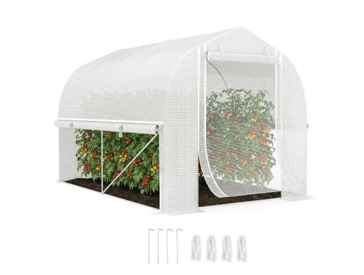 Outsunny Gewächshaus Foliengewächshaus mit 4 Fenster & Tür 3 x 2 x 2 m Weiß Aufrollbar Seitenwänden, UV-beständiger Folientunnel Tomatenhaus, mit verzinkten Stahlrahmen