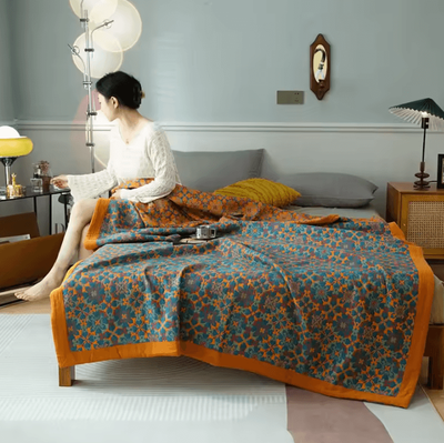 Inspire Curations Ethnic Jacquard Cotton Gauze Bedspread Blanket violet Blue 200x240cm