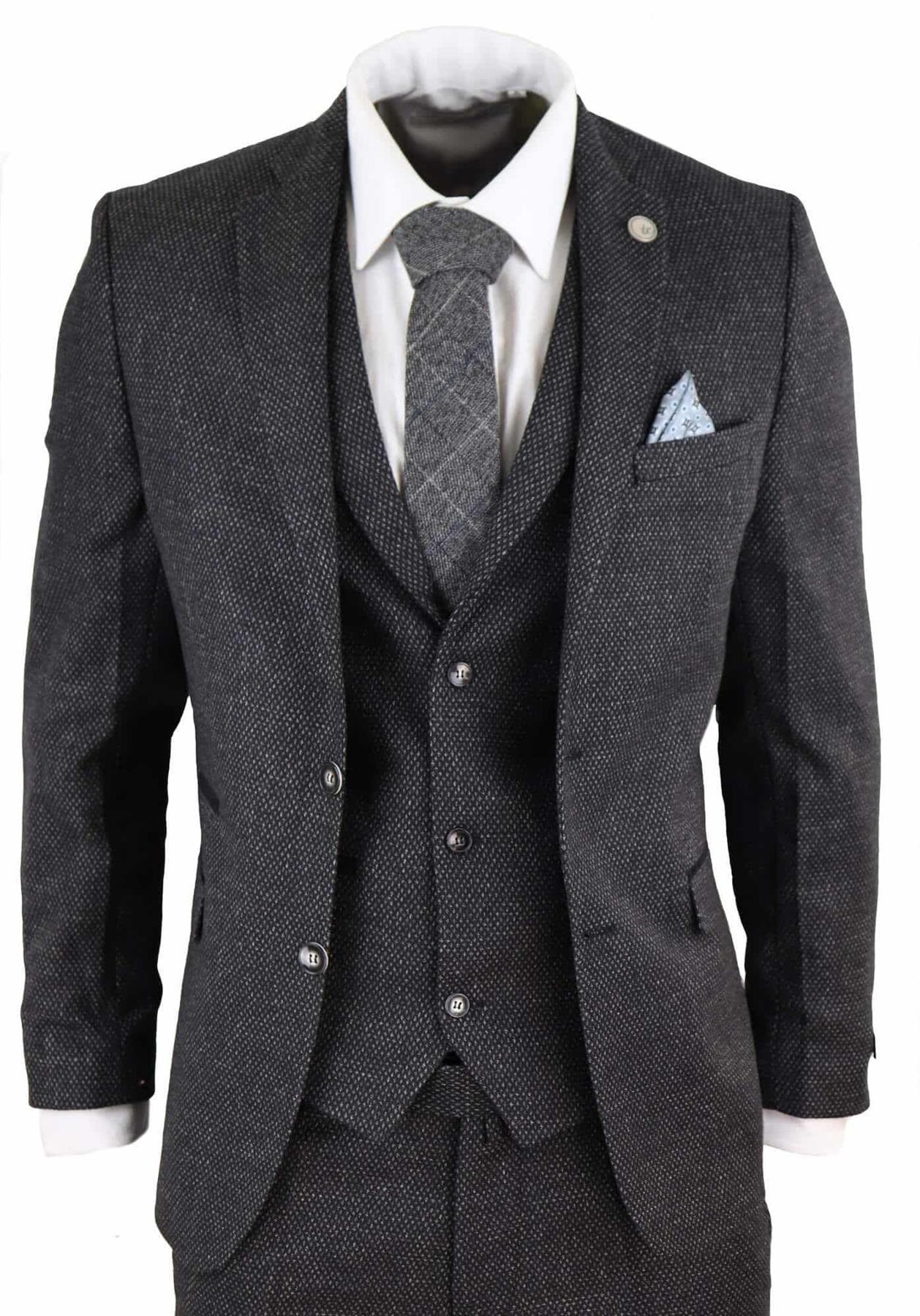 Heren 3-delige Zwarte Visgraat Tweed Kostuum