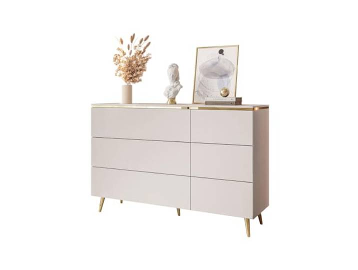 Lookway Kommode Aurora Kaschmir 6 Schubladen Weiß Hochglanz mit Golddekor, Hängend oder auf Goldfüßen – Modernes Design & Luxus für Wohnzimmer (Schräge Füße – Gold Chrom)