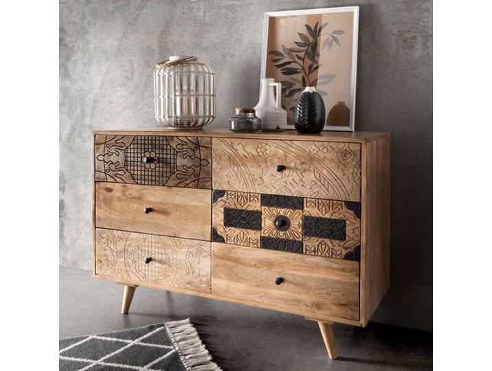 Kommode 120x80cm 'Lyn' Mangoholz mit schwarzen Ornamenten