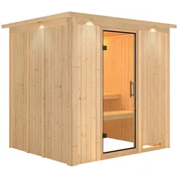 Karibu Sauna Sodin mit Fronteinstieg 68 mm - Ohne Ofen-Inkl. Dachkranz-Klarglas Ganzglastür