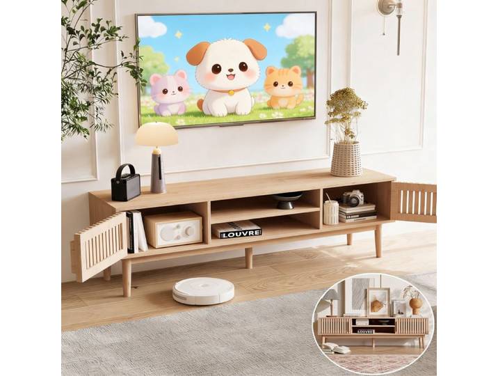 Meuble TV Bois - Kilisky - Rangements Ouverts et Fermés - Gestion Câbles - Aspect Bois - Console TV pour Salon -150x40x48cm