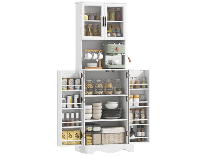 HOMCOM Buffet haut cuisine, armoire de cuisine, vaisselier vitrine, 4 portes, 8 porte-épices, plan de travail, étagère réglable,