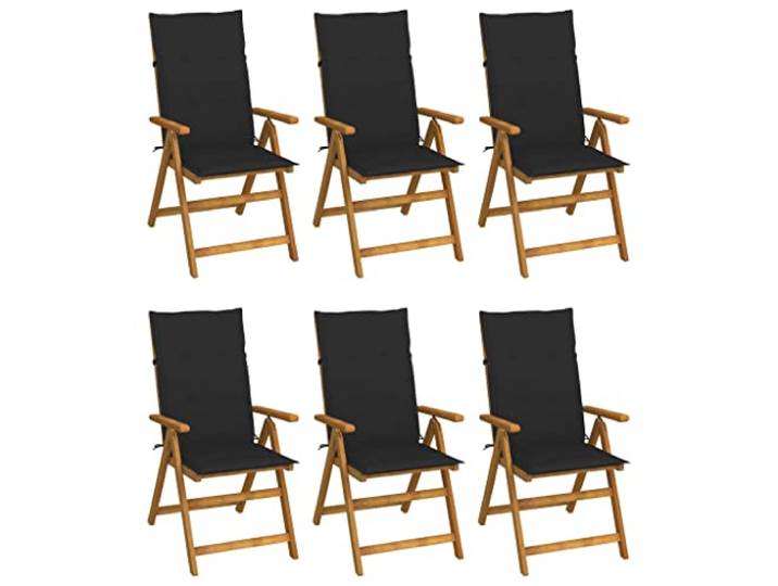 GHVBNMF 6er Set Gartenstühle Klappbar mit Schwarzen Auflagen Akazienholz 6 verstellbare Klappstühle aus massivem Holz mit weichen Kissen für entspannte Stunden auf Terrasse und Balkon.
