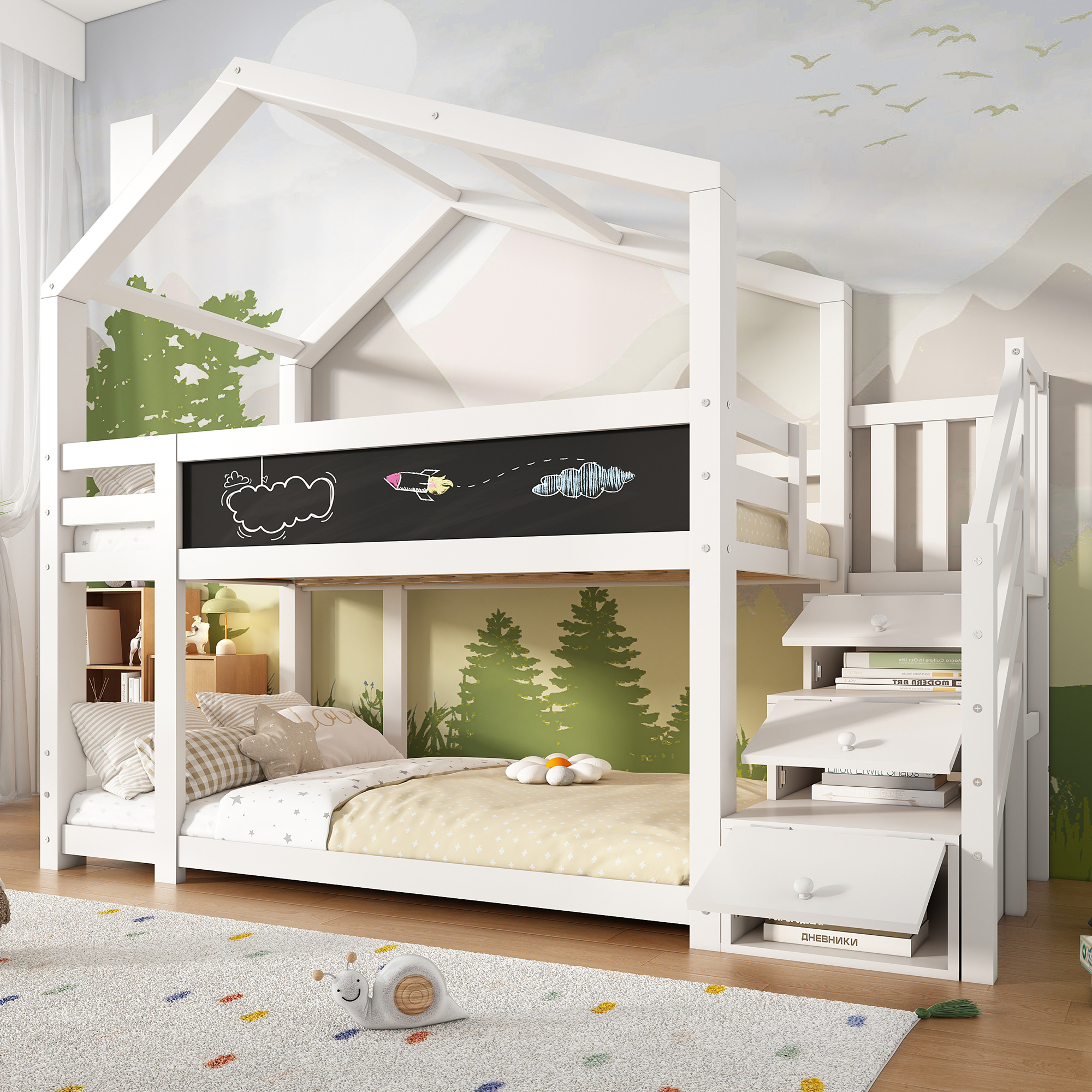 MODFU Multifunktions-Kinderbett 90 x 200 cm mit Kamin, Stauraum und Absturzsicherung, Kinder-Hochbett inkl. Holzplanken - 2 Lattenroste - weiß (Matratze nicht im Lieferumfang enthalten)