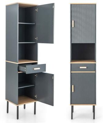 Costway Free-Standing Bathroom Cabinet Narrow Linen with Doors and Drawer-Gray