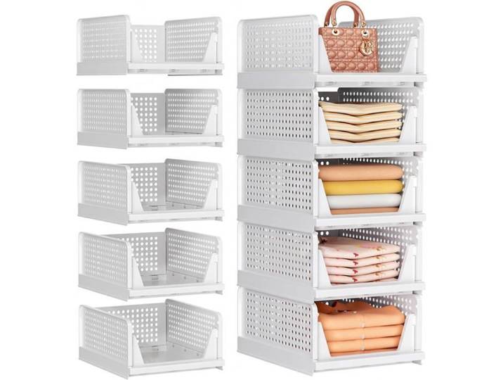 Lot de 5 organiseurs de penderie empilables et pliables en plastique blanc pour cuisine et salle de bain