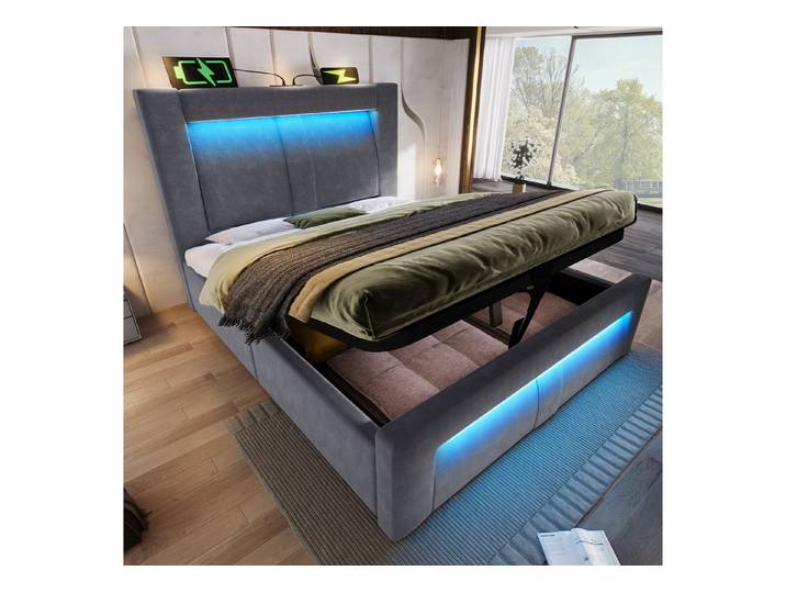 Flieks Polsterbett, Hydraulisches Stauraumbett 90x200cm mit LED-Beleuchtung & USB/Type-C