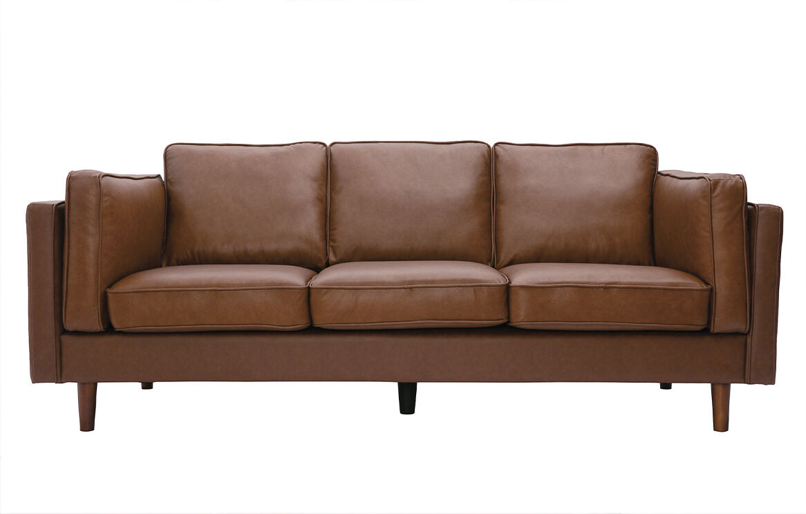 Miliboo Canapé vintage 3 places cuir marron et bois foncé BRADLEY