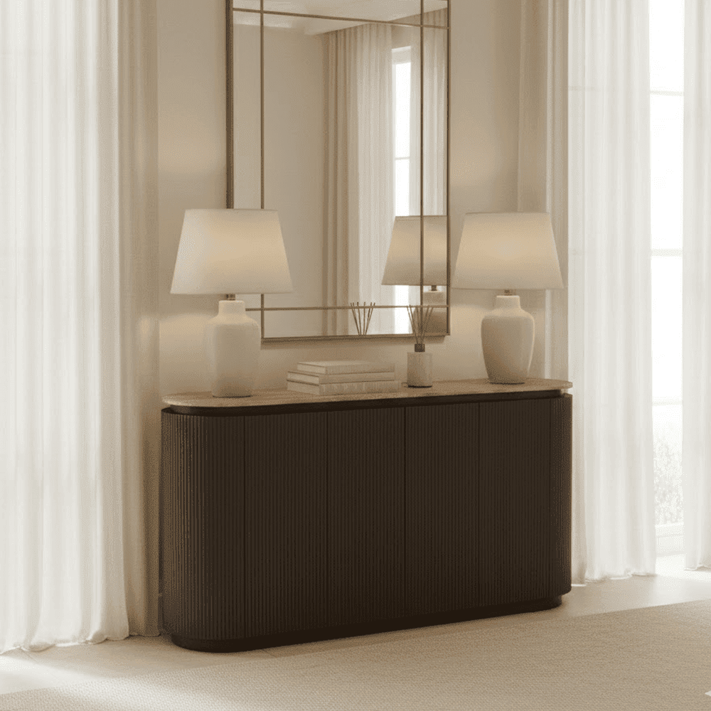 Aya Brown Ribbed Sideboard with Travertine Top