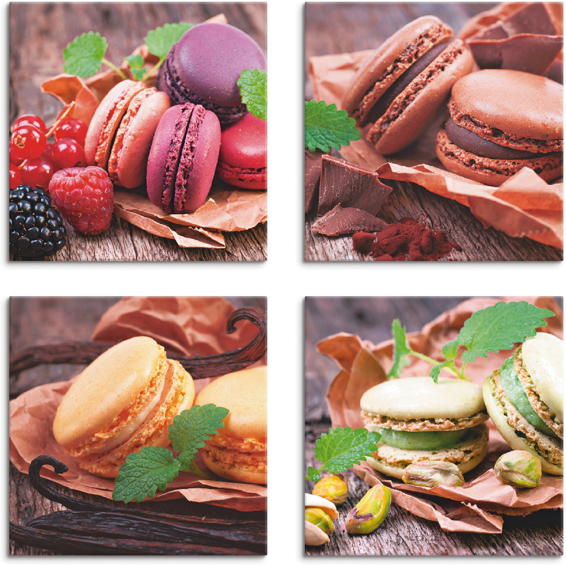 Leinwandbild ARTLAND "Macarons", braun (farbe bild(er): braun), B:30cm H:30cm, Leinwand, MDF, Bilder, Leinwandbild, 4er Set, verschiedene Grössen farbe bild(er): braun B/H/T: 30cm x 30cm, Leinwandbild Süssspeisen quadratisch, 4 Stk.