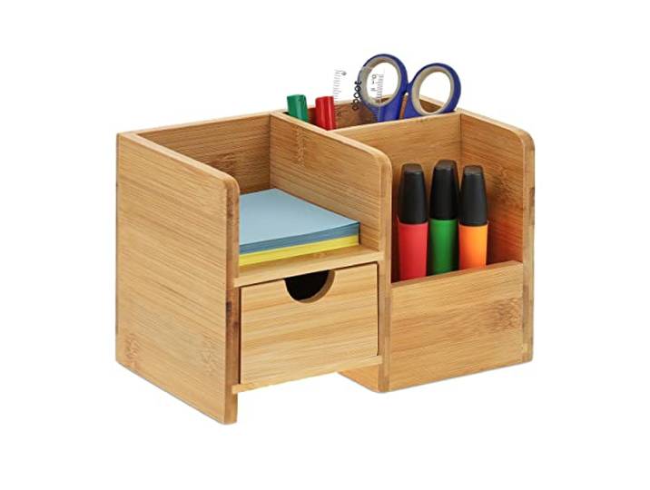 Relaxdays Organiseur de Bureau\, tiroir et Surface\, 2 Compartiments\, Bambou\, Porte-Crayons\, HLP : 14x20\,5x13 cm\, Nature