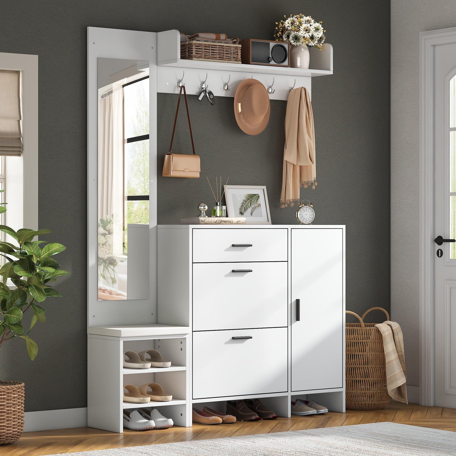 STILVORA Garderobe met schoenenkast, spiegel en kledinghaken, wit