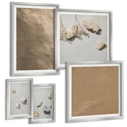BILDER SET 5er Set - 50x50 cm & 20x30 cm & 40x60 cm Silberner Rahmen - Strandsteine natürliche Strukturen