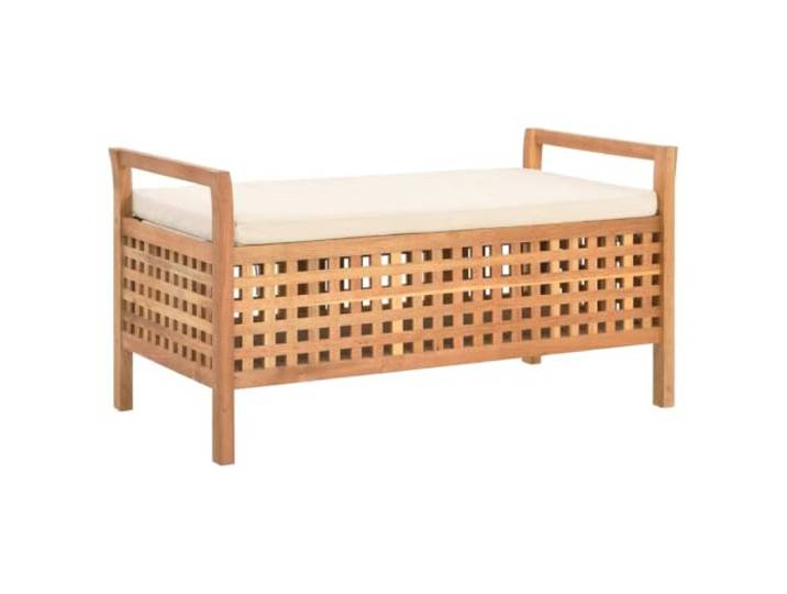 LQMDNFMD Sitzbank mit Stauraum 93x49x49 cm Walnuss Massivholz Natur Gitterdesign für optimale Belüftung im Schlafzimmer, inklusive weichem cremeweißem Kissen mit waschbarem Bezug.