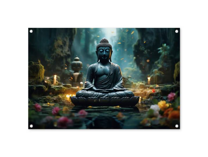OnlyWow Gartenposter - Buddha - Statue - Buddha - Zen - Kunst - Buddha - 90x60 cm, Dunkelgrau, Kunststoff, Rechteckig, 90x60x0.2 cm, Bilder & Rahmen, Bilder, Wandbilder