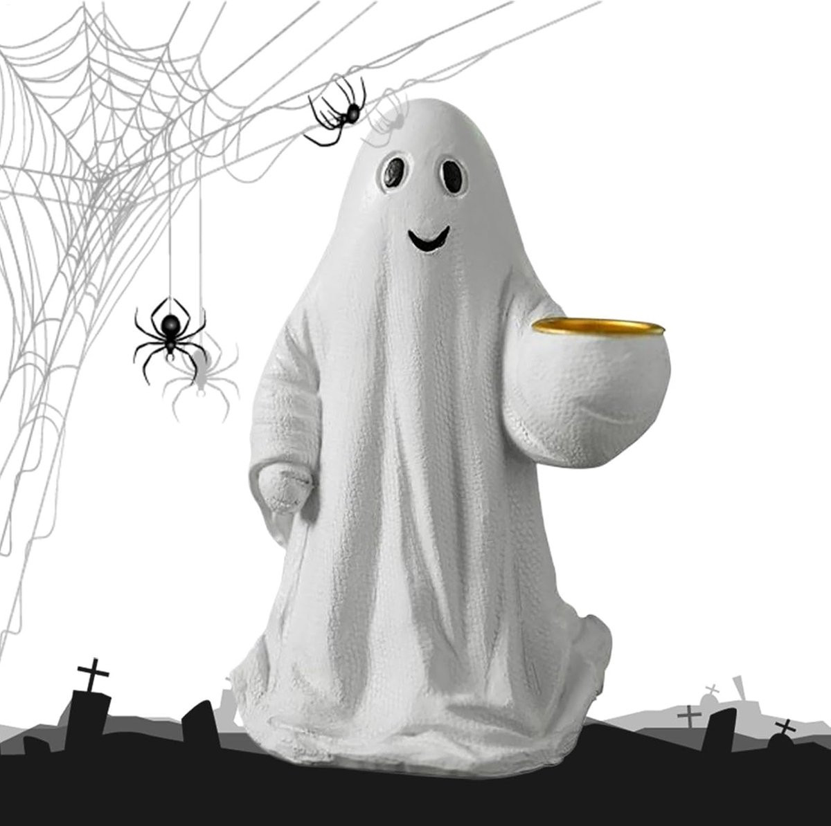 Handbeschilderd Spookbeeldje Kandelaarsgeest voor Halloween Decoratie - Hoogte: 18 cm