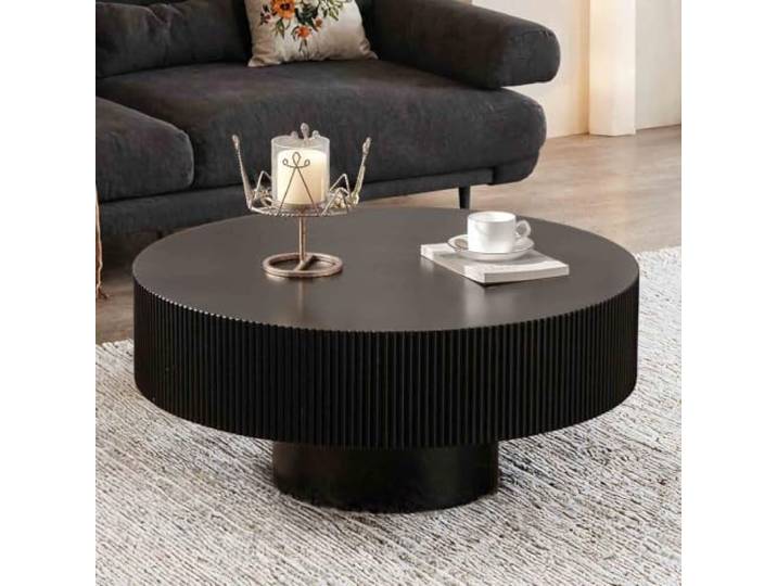 DAXUESEH Runder Couchtisch 78 cm Moderner Geriffelter Couchtisch Schwarz Einzigartiger Flacher Beistelltisch Im Mid-Century-Modern-Stil Mit Stabilem Zylindrischem Fuß Für Wohnzimmer Und Wohnung