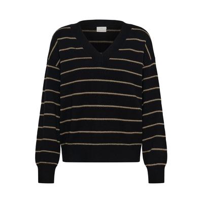 Strickpullover KAFFE "KAFFE Strickpullover KAariana", Damen, Gr. M, schwarz (schwarz, desert taupe m. stripe), Pullover Strickpullover