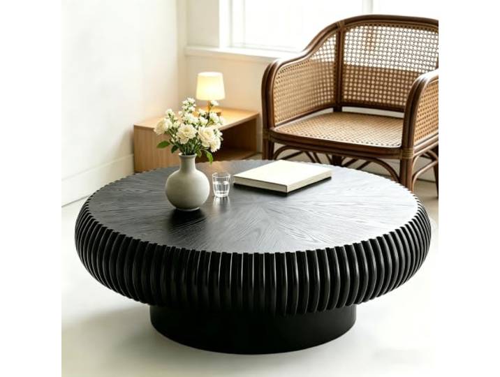 WUPDPQS 39 Runder Trommel Holz Geriffelter Couchtisch für Wohnzimmer, Holzfurnier Tischplatte & Basis, Handgefertigt Massivholzrillen, Modern Runde Kaffeetisch Für kleine Räume