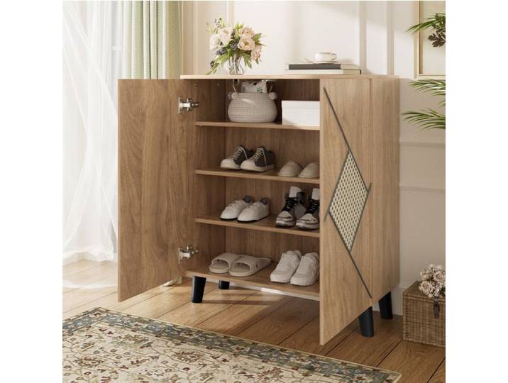 Meuble A Chaussures 2 Portes Aspect Bois Armoire D Entree FloraGrace Pour Entree Montage Simple 80x32x91cm