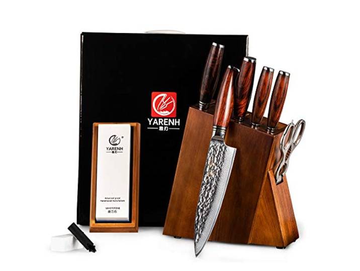 YARENH Messerset mit Holzblock 8 er, Scharfes Küchenmesser aus 73 Schichten Damaststahl, Ergonomischer Holzgriff, Damast Messer Set mit Messerhalter aus Holz, Anspitzer und Schere, HTT-Serie