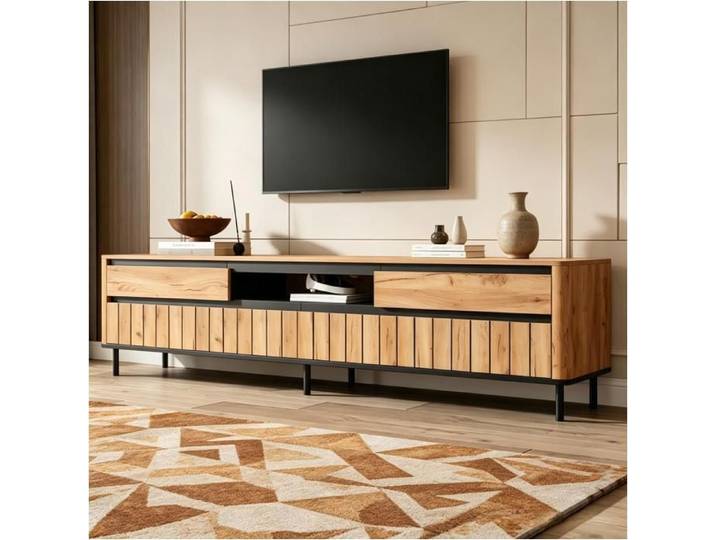 Meuble TV 180 cm Bois Naturel Banc TV Moderne pour Écran 75 Pouces avec Tiroirs et Passe-Câbles Meuble Salon Industriel