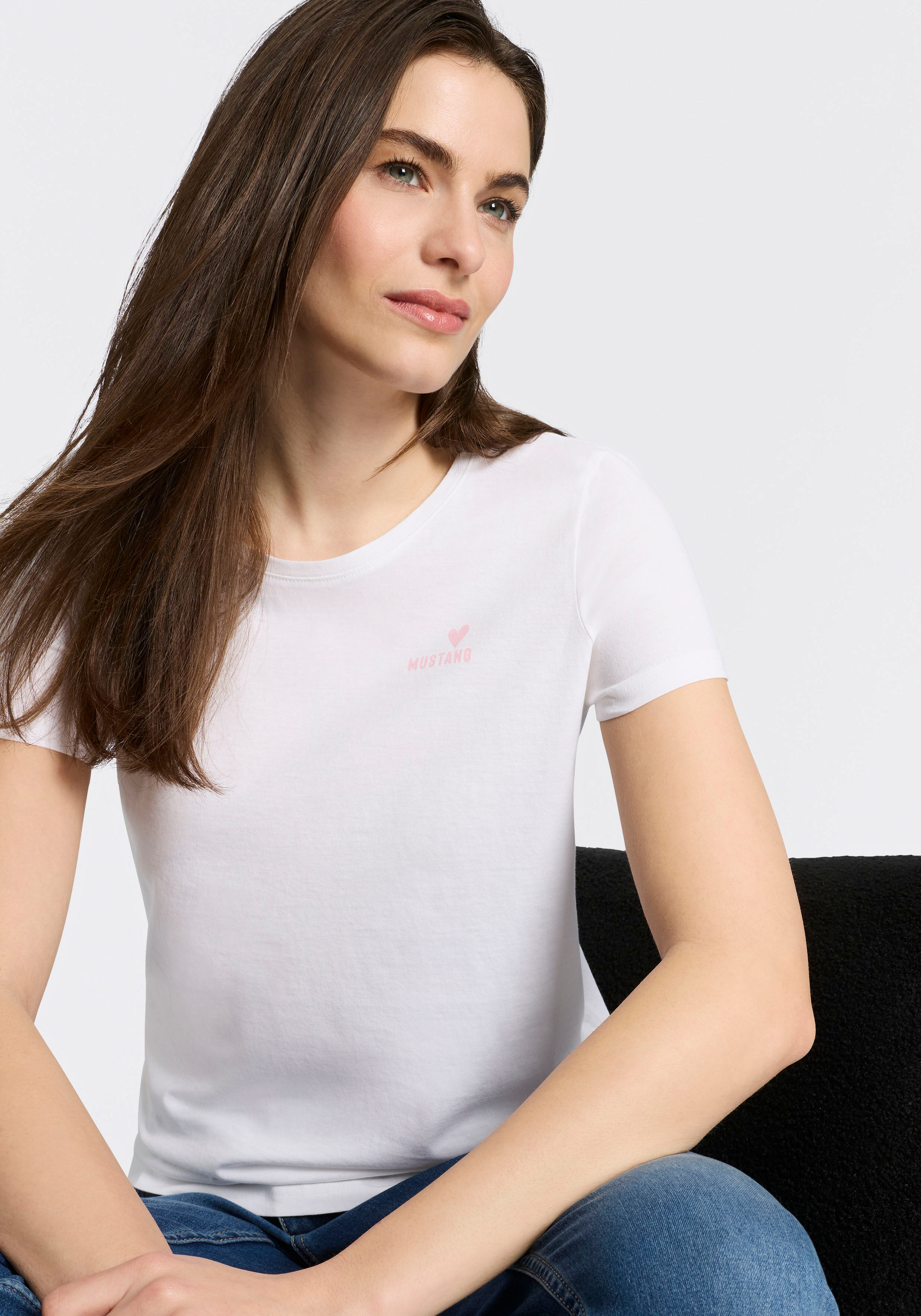 T-Shirt MUSTANG, Damen, Gr. XL, weiss (general weiß), Jersey, Obermaterial: 100% Baumwolle, normal normal, Rundhals, Shirts T-Shirt, normale Passform, Kurzarm-Design general weiß XL
