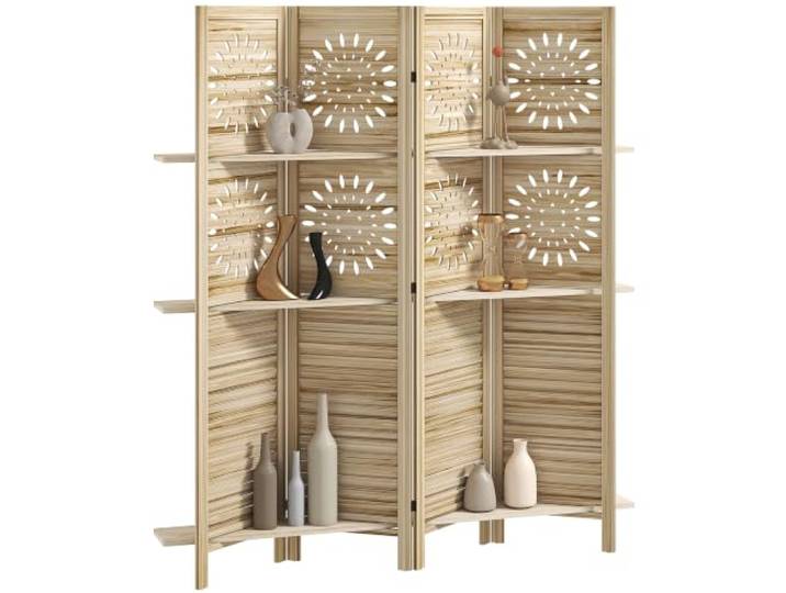 HOMCOM 4-teiliger Raumteiler mit 3 Regalen 160x170cm Naturholz Klappbarer Raumteiler, Paulowniaholz, Trennwand, für Wohnzimmer, Schlafzimmer, Zuhause