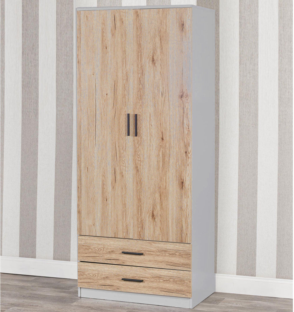 Ebern Designs Gianpietro 2 Door Wardrobe Grey Carcass/Oak Drawer 180cm H X 75cm W X 46cm D
