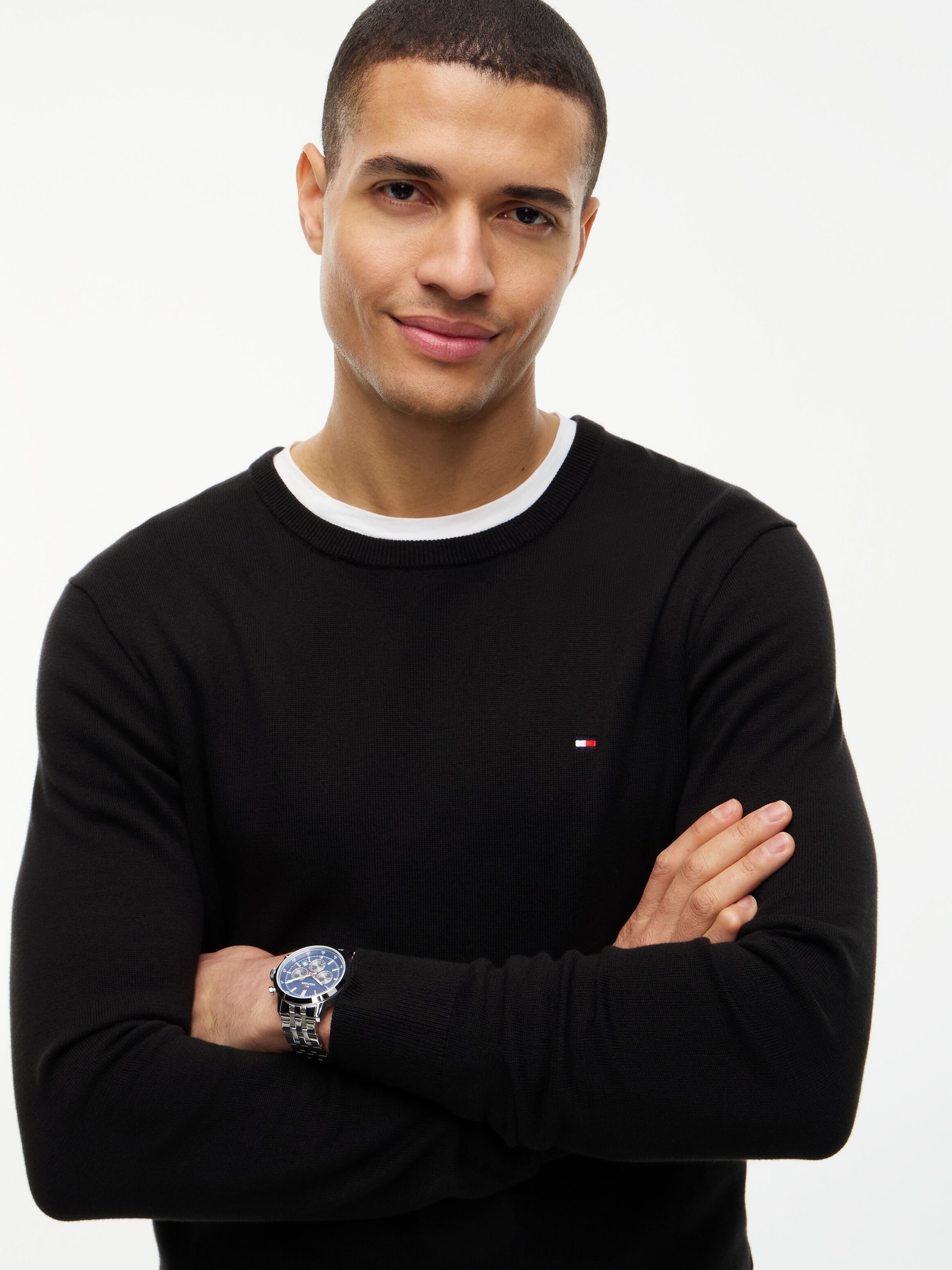 Rundhalspullover TOMMY HILFIGER "ESSENTIAL COTTON", Herren, Gr. M, schwarz, Strick, Obermaterial: 100% Baumwolle, regular fit, Rundhals, Rippbündchen, Pullover Rundhalspullover, Crewneck Regular Fit Premium Mode schwarz M
