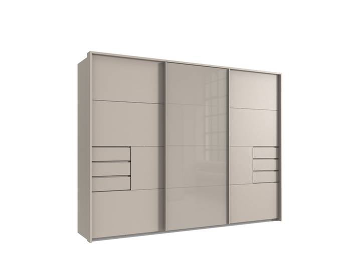 Schwebetürenschrank Kleiderschrank 3-türig 273 cm Beige Grau, Glasfront u. Passepartout / 22622
