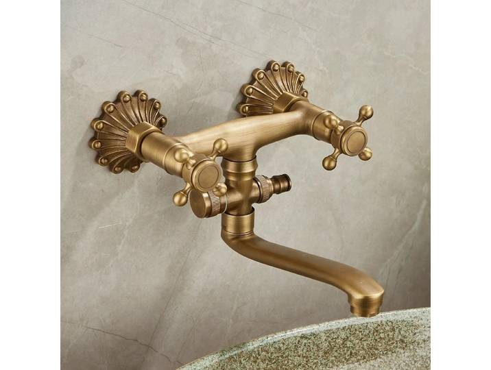 Robinets de lavabo muraux antiques en laiton, Double poignée, Double trou, rotatif, mural rétro, robinet chaud et froid