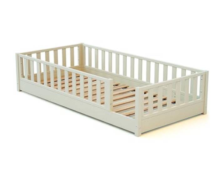 JURABABY - SONHO Kinder bodenbett aus Holz - 90x190 - Perlweiß Mit Abnehmbarer Barriere Links oder rechts Kinderbett mit Lattenrost