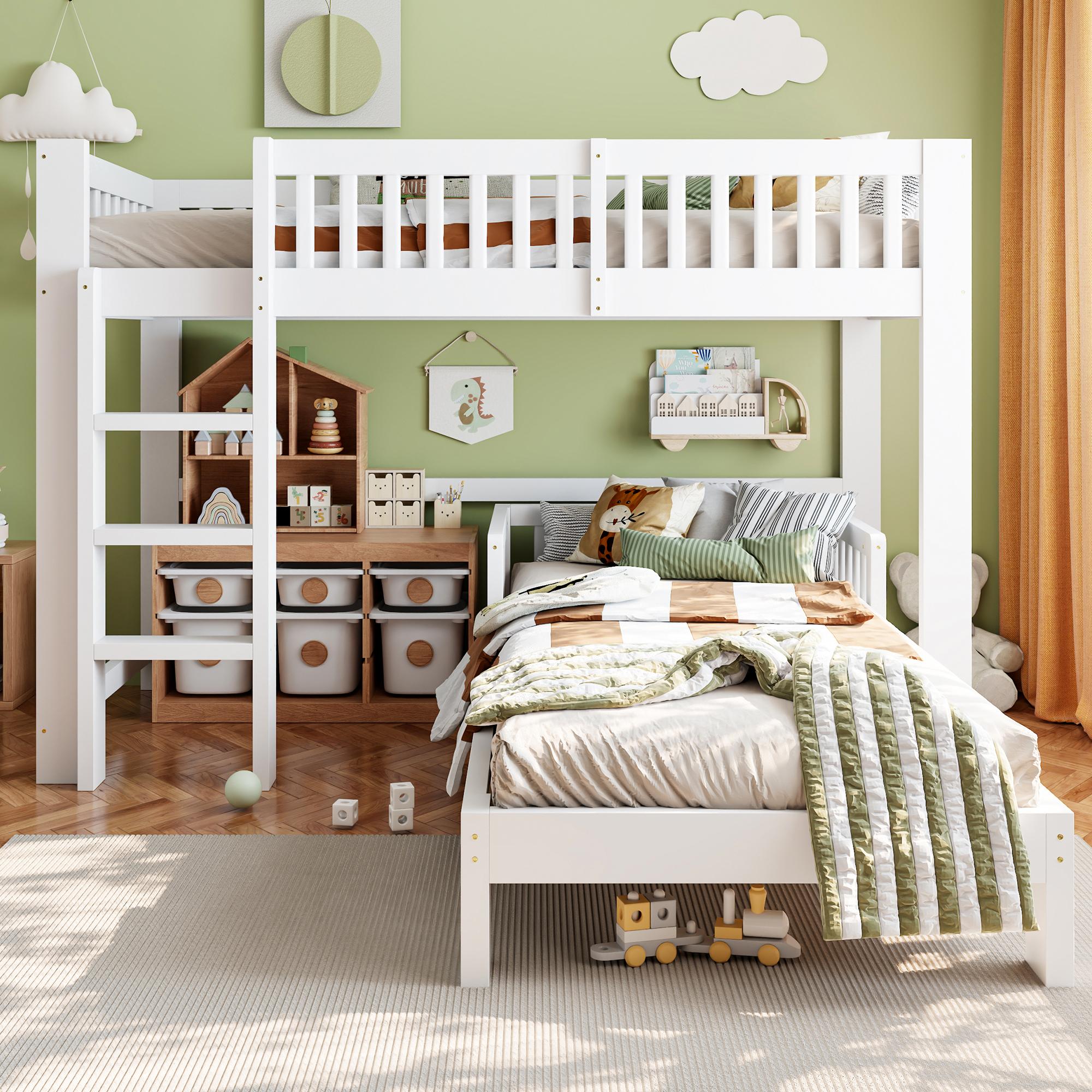 Merax Modulares Etagenbett Kinderbett 90x200cm mit Lattenrost, Hochbett + Einzelbett, frei kombinierbar, Absturzsicherung, Massivholz, Weiß