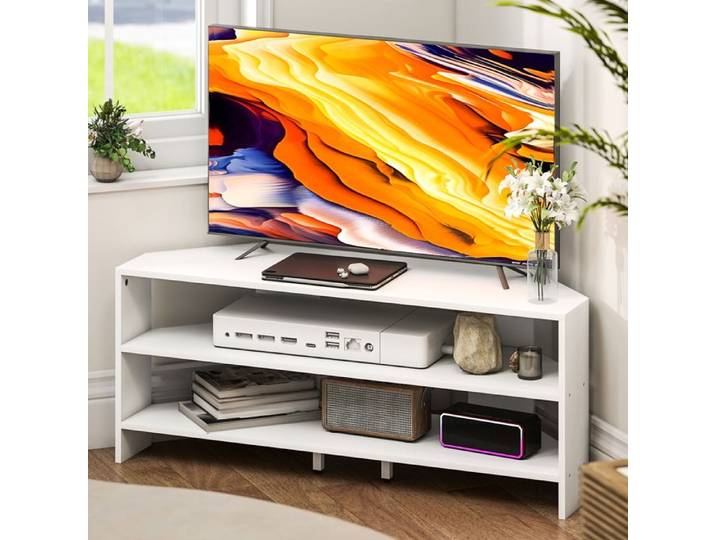 Meuble TV d'Angle Blanc avec 2 Étagères Ouvertes pour TV jusqu'à 47 Pouces 47 Inch