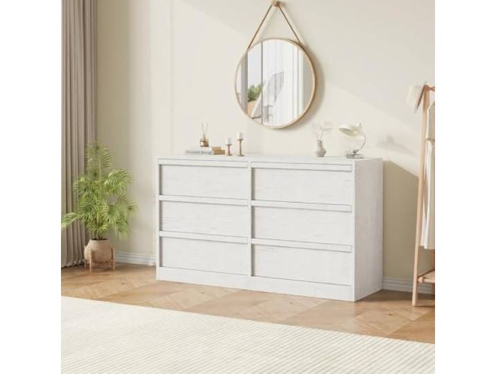 GarveeMore Kommode 6 Schubladen mit Holzgriffen, Antikweiß, 118 cm 6 Geräumige Schubladen 118 cm Breite Elegante Antikweiß-Optik Holzgriffe TV-Kommode Für Wohnzimmer Und Flur
