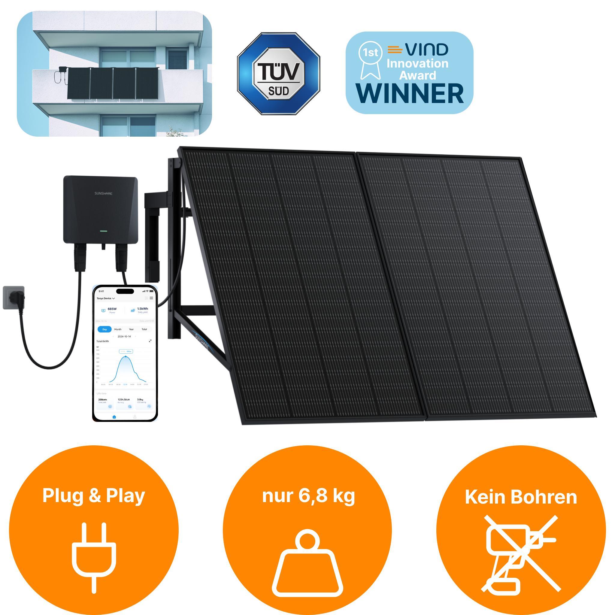 Balkonkraftwerk 400W für Beton-Balkon - Solaranlage Komplettset Plug&Play mit Wechselrichter & Schuko-Stecker