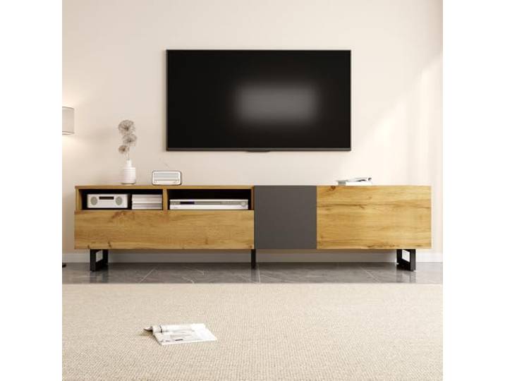 Ropilly TV-Schrank Colorblock Design Lowboard mit 3 Türen 170cm Retro TV‑Board mit Holzmaserung, 3 Türen und 2 Fächern, stabil konstruiert bis 60 kg Belastung.