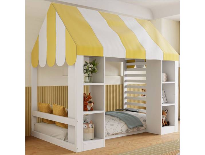 Lit Mezzanine Enfant Blanc 90x200cm Lit Cabane FloraGrace Pour Chambre Rangement Intégré 204.5x118.7x188cm