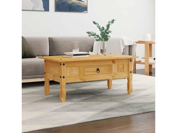 Couchtisch Mexiko-Stil aus Kiefernholz 100x55x44 cm mit Schublade, Massivholz Beistelltisch im rustikalen Corona-Design für Wohnzimmer, Stabiler Wohnzimmertisch