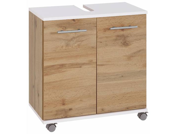 Waschbeckenunterschrank WELLTIME Emmi, Breite 59 cm , weiss (weiß, wotaneichefarben), B:60cm H:63,5cm T:32,5cm, FSC-zertifizierter Holzwerkstoff, Schränke, Waschbeckenunterschrank, Siphonausschnitt, Metallbeschläge
