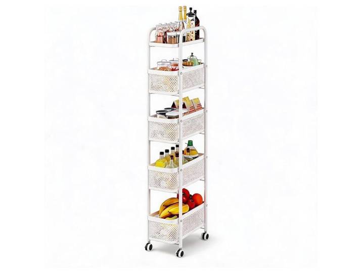 AFF DESSERTE DE CUISINE-Chariot de rangement étroit 5 niveaux avec paniers en acier au carbone pour cuisine et salle de bain