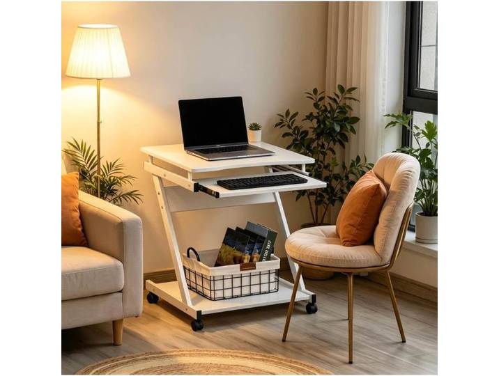 MEUVYX Bureau Informatique Mobile avec Tablette Clavier Coulissante et Étagère en Métal Blanc 60 × 48 × 73 cm