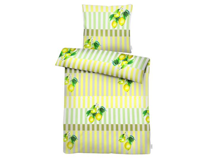Bettwäsche APELT Fresh , gelb (grün, gelb), B/L: 135cm x 200cm, 1 Stk., 1 Stk., Satin (Bio-Baumwolle), B/L: 80cm x 80cm, Satin (Bio-Baumwolle), Obermaterial: 100% Baumwolle, Bettwäsche, Bettwäsche, Zitronen auf Streifen